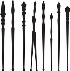 Black silhouettes of decorative wands magic fantasy