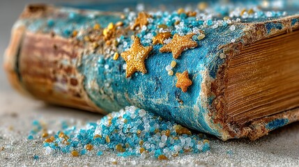 Aged book cover adorned with glittering stars and sprinkles.