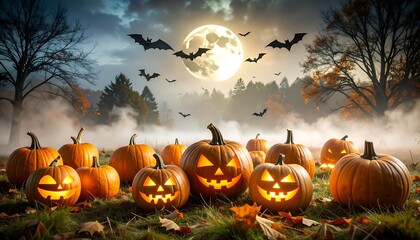Halloween jack-o'-lanterns in a misty forest at night.  Full moon and bats in the sky