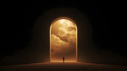 Lone figure stands before a towering arched doorway filled with golden clouds and radiant light, symbolizing transcendence, mystery, and the journey into the unknown

