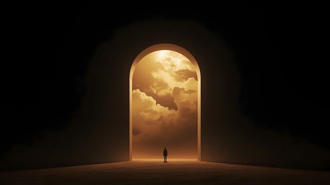 Lone figure stands before a towering arched doorway filled with golden clouds and radiant light, symbolizing transcendence, mystery, and the journey into the unknown

