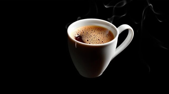 Floating cup of coffee on a black background, white ceramic hot coffee cup with steam float up from cup on dark background