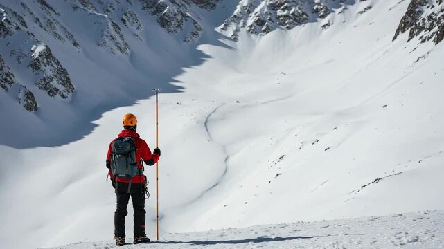 A mountaineer in a red jacket and helmet stands on a snowy mountain ridge, looking out over a vast, snow-covered valley, assessing the terrain for avalanche risk.