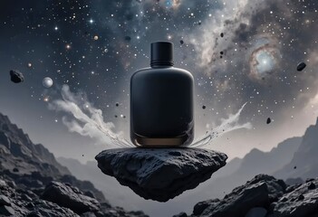 minimal matte bottle on asteroid rock floating in surreal outer space with cosmic environment
