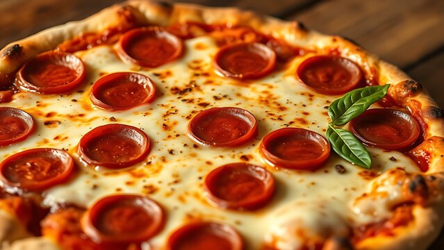 Close-up view of a pepperoni pizza with melted cheese on a rustic wooden table, evoking warmth.