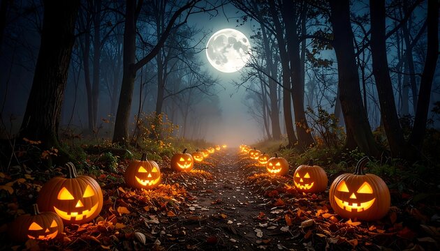 Halloween path in a misty forest lit by jack-o'-lanterns and a full moon - Powered by Adobe