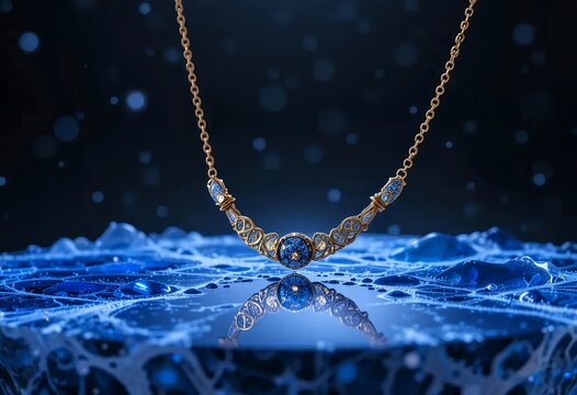 luxury gold and blue gemstone necklace reflected on water surface under cosmic starry backdrop