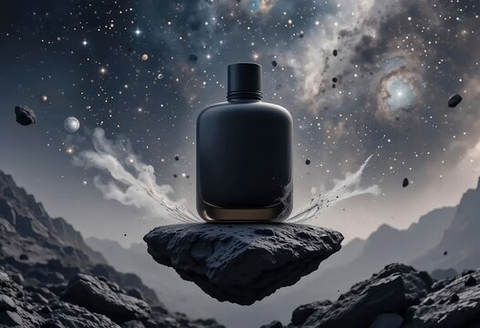 minimal matte bottle on asteroid rock floating in surreal outer space with cosmic environment
 - Powered by Adobe