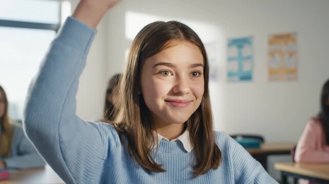 Young Girl Enthusiastically Raising Hand in Classroom