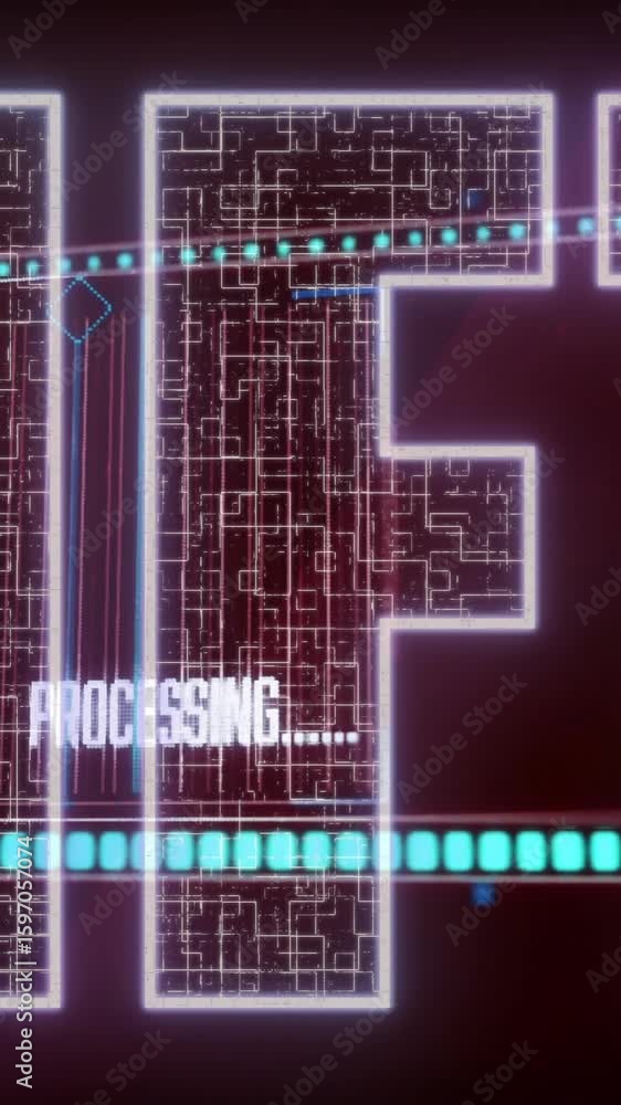 Poster animation of digital circuit patterns with glowing blue dots for nft processing
