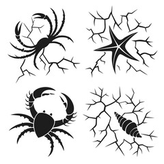 Black marine creatures emerging from cracked surface crab starfish