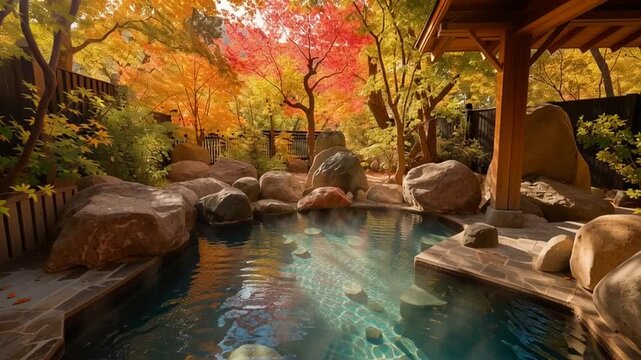 秋の紅葉が美しい温泉の露天風呂