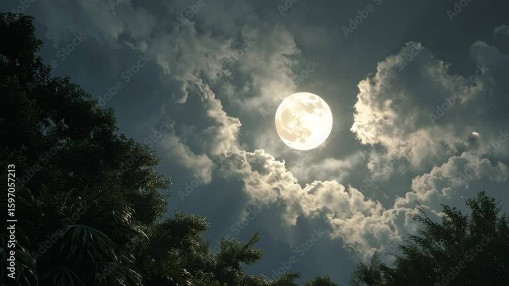 Canvas Prints full moon through clouds in a lush forest