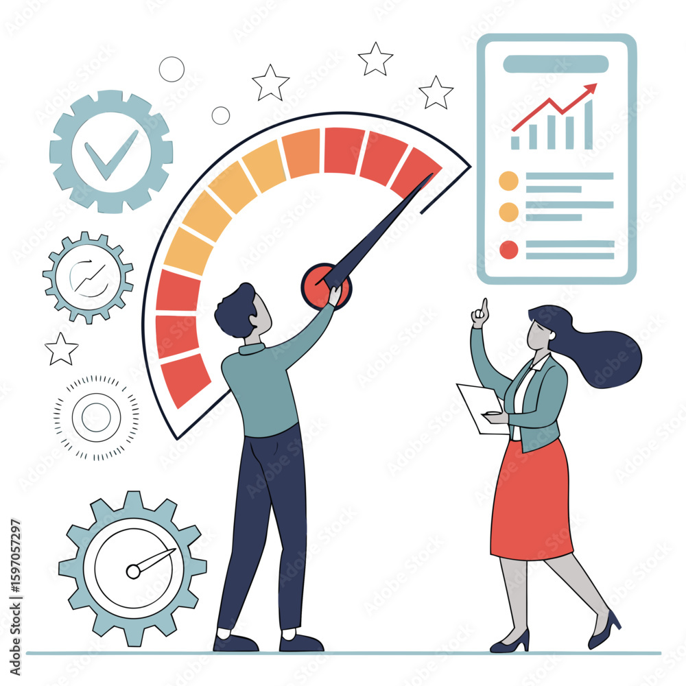Poster business people analyzing progress meter and chart vector