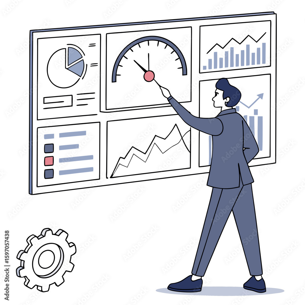 Poster businessman analyzing performance metrics on dashboard analytics data