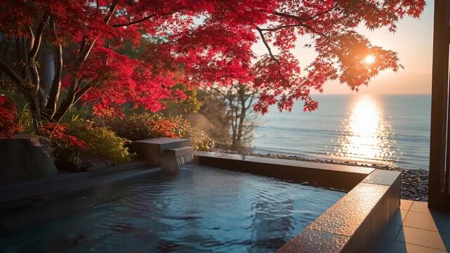 秋の紅葉が美しい温泉の露天風呂