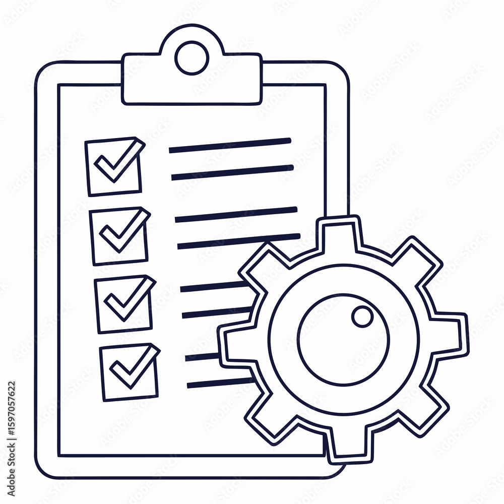 Poster checklist with completed tasks and gear task completion cogwheel