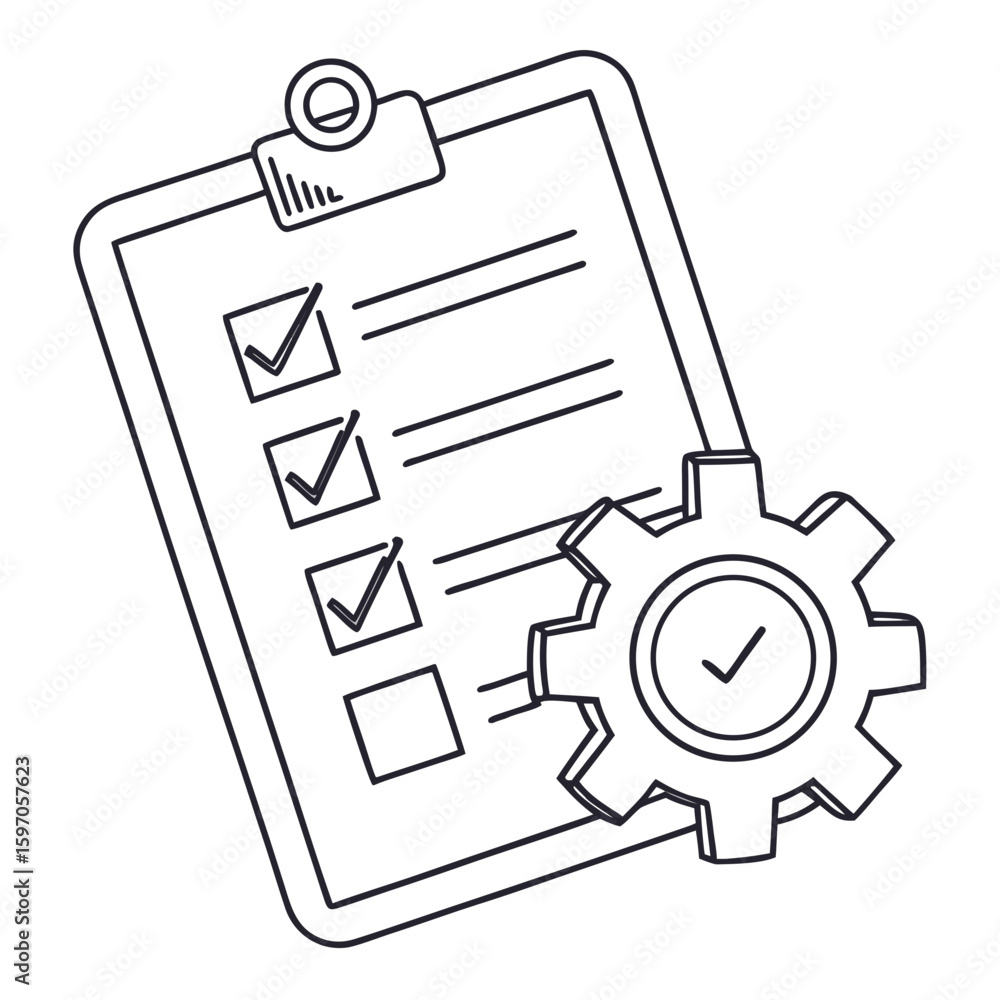 Poster checklist with completed tasks and gear symbol task completion outline