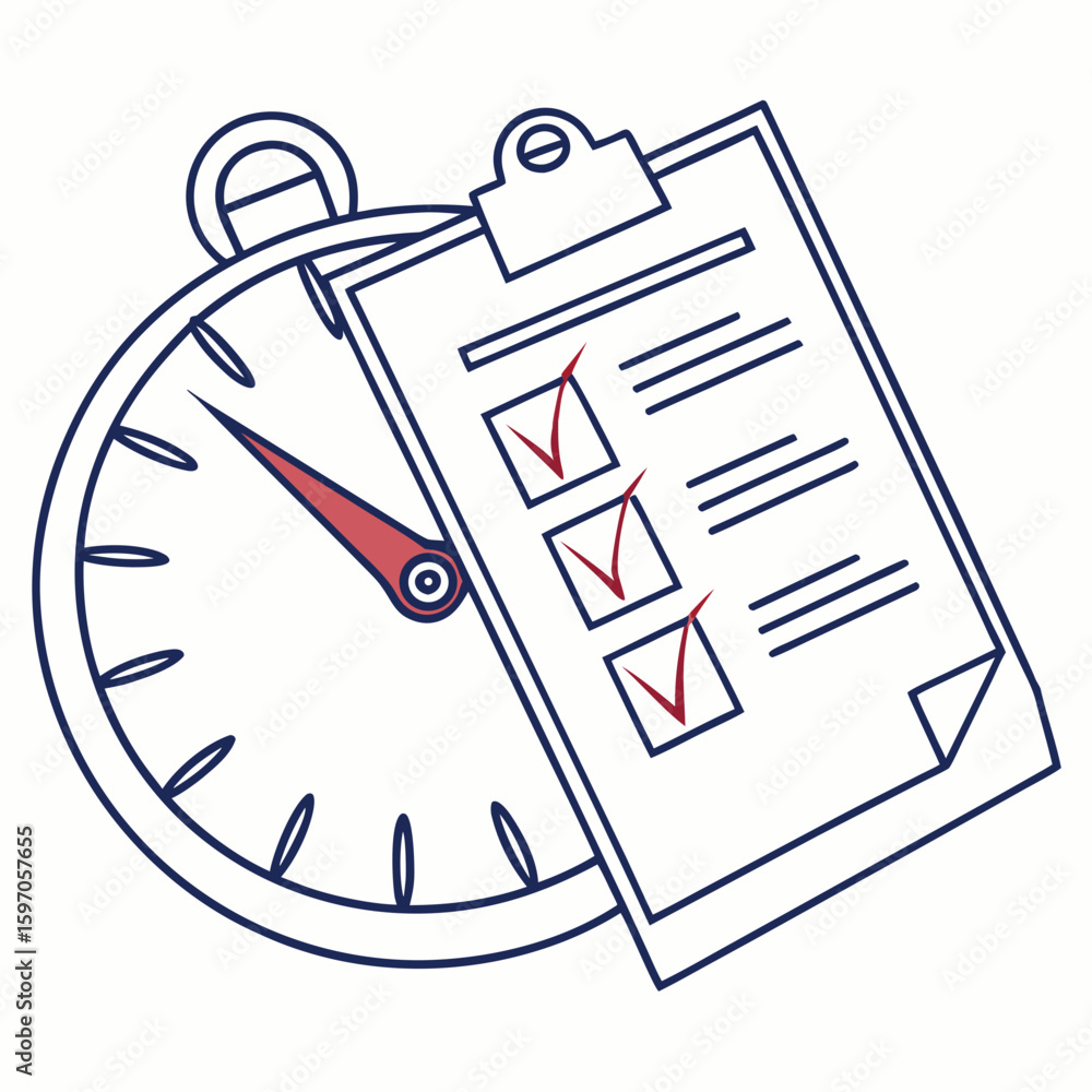 Poster checklist with stopwatch and red checkmarks time progress