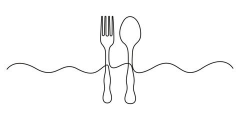 Continuous one line drawing of fork and spoon. Minimalist one line drawing of cutlery. Single line vector illustration