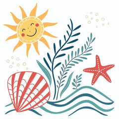 Cheerful sun starfish and seashell beach scene summer