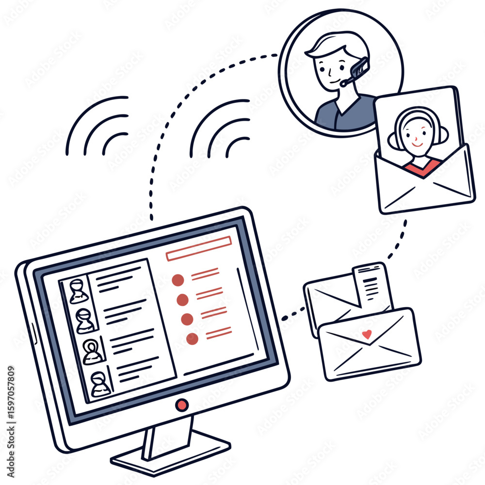 Aufkleber computer screen with contacts and communication envelopes messages email