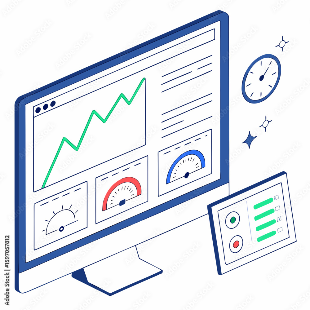 Poster computer screen displaying upward trending graph and gauges vector