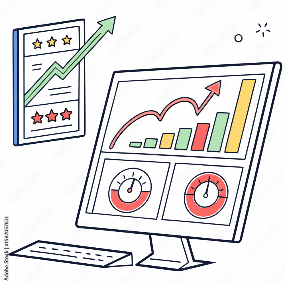 Poster computer screen with upward trending graphs and gauges monitor dashboard