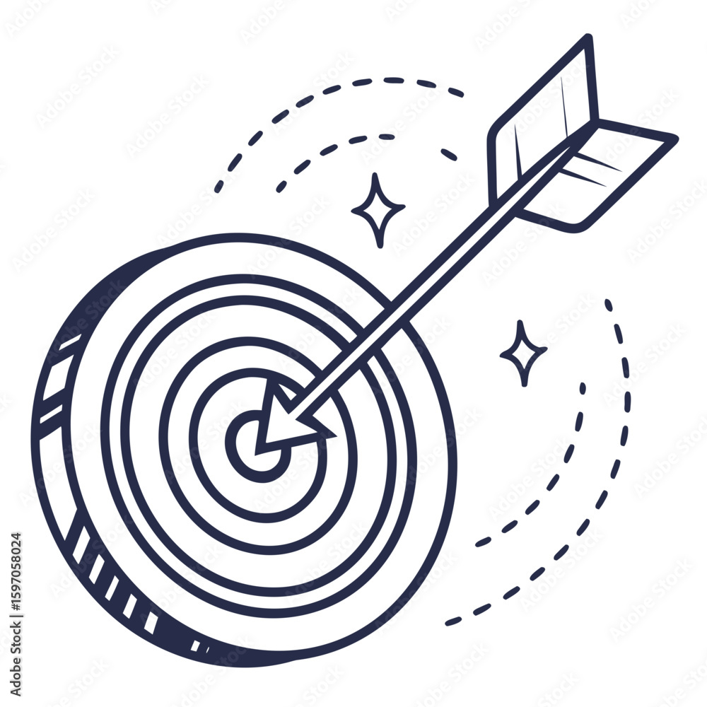 Poster dark blue line art target with arrow and dashed lines dart bullseye