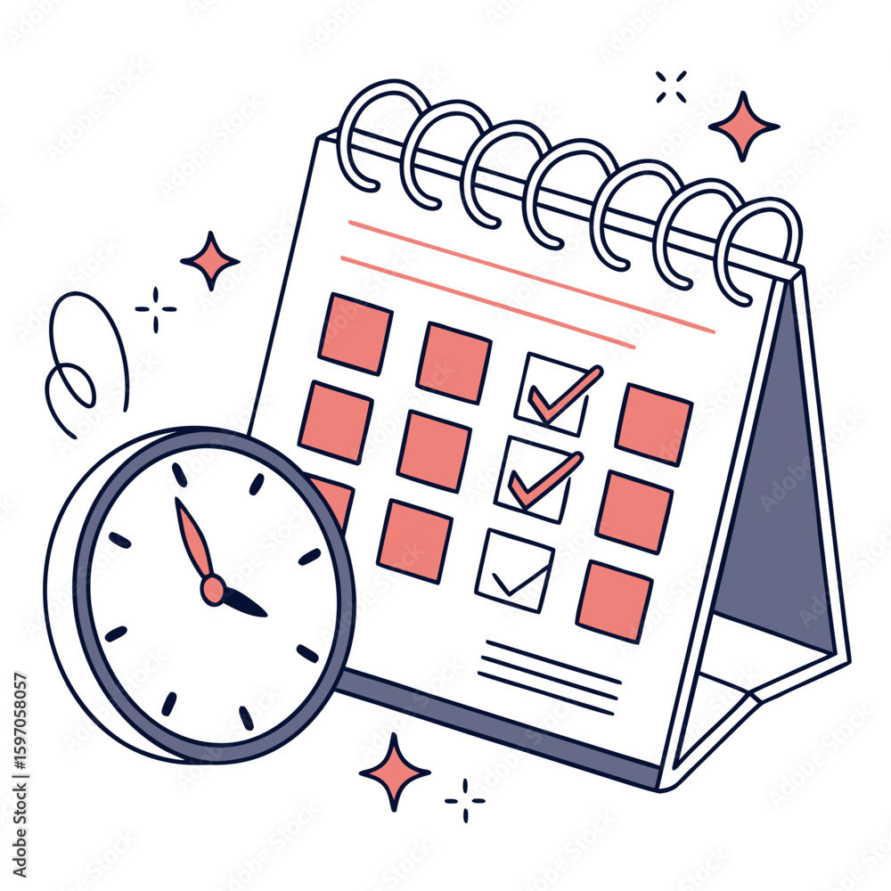 Poster desk calendar with clock and checkmarks time planning