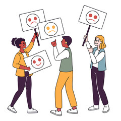 Diverse people holding feedback signs with emoticons happy