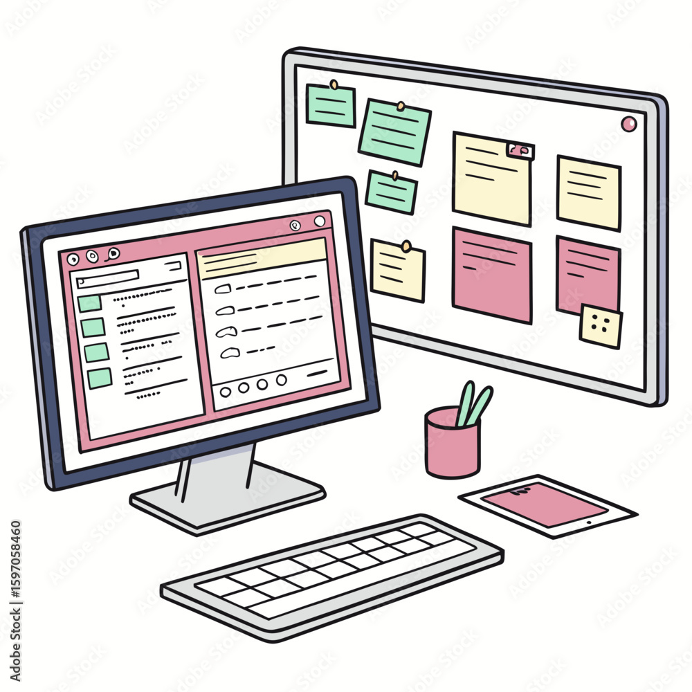 Aufkleber dual computer monitors keyboard tablet and task board dual monitors