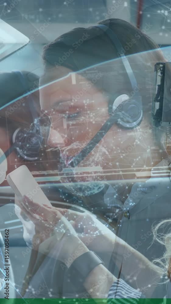 Poster using vr headsets, people interacting with futuristic car dashboard and interface