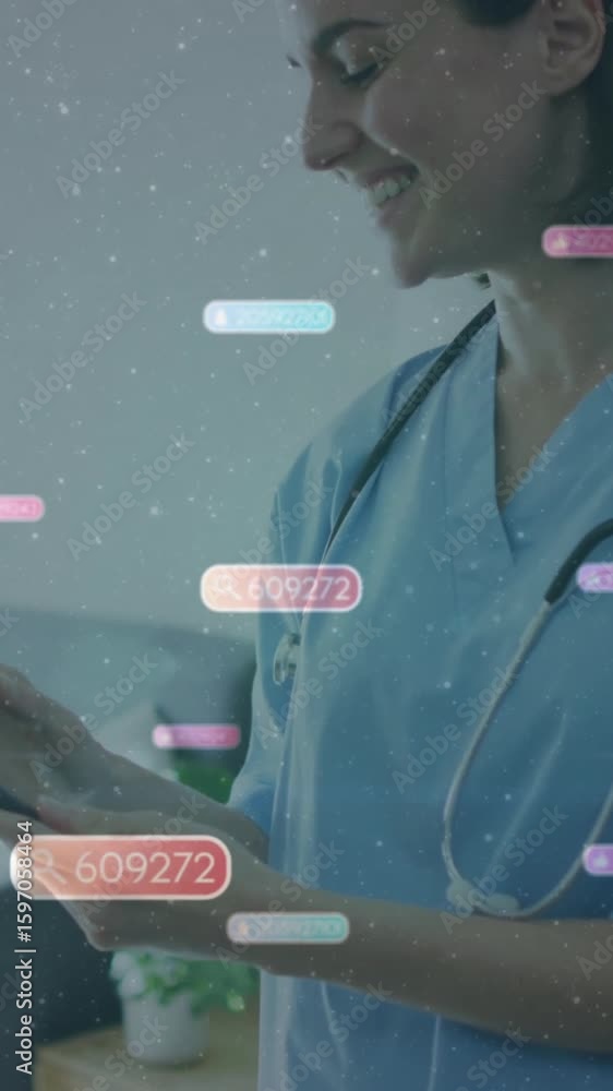 Poster healthcare professional using tablet with floating data animations in hospital room