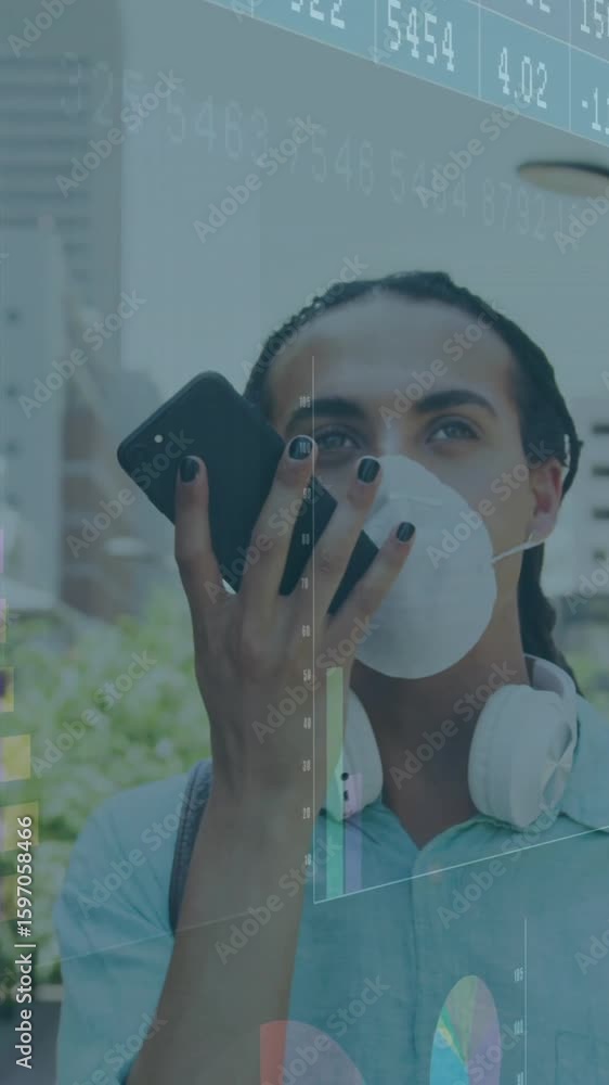 Poster using phone and headphones, person with data animation over urban background