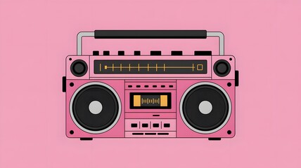 A pink boom box with black circles and a black screen