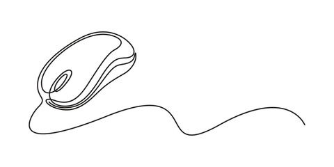 Computer mouse continuous one line drawing, Drawn single line computer mouse logo. Continuous single line drawing of laptop or desktop mouse. Vector illustration