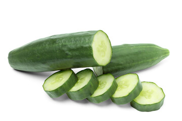 Japanese cucumber cut into fresh, juicy pieces. isolated on white background.