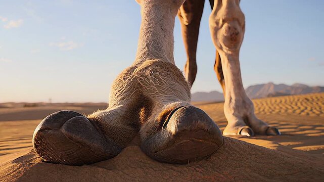 This stunning stock photo captures a majestic camel standing tall in the serene desert landscape at sunset. The golden sunlight bathes the sand dunes, highlighting the camel's resilience
