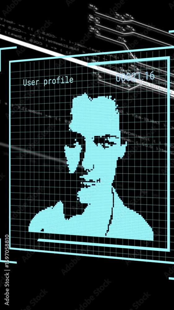 Poster digital face scan with data processing animation over black background