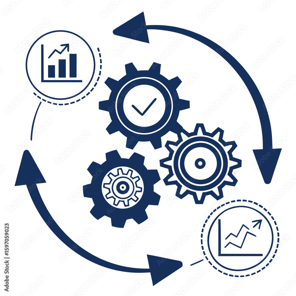 Poster interconnected gears with growth charts and arrows process flow
