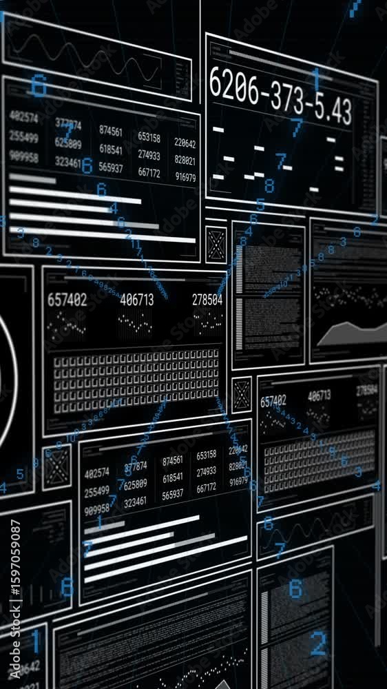 Poster displaying digital data, animation of futuristic interface with numbers and graphs