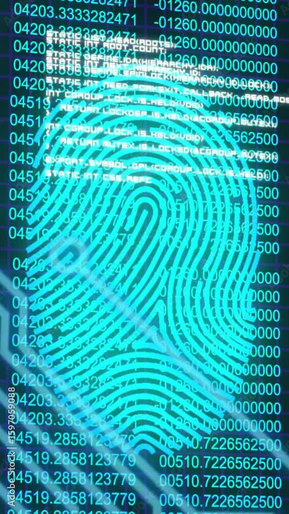 Poster fingerprint overlay on code background, illustrating animation of cybersecurity in school