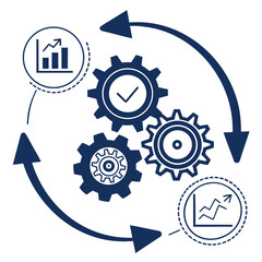 Interconnected gears with growth charts and arrows process flow