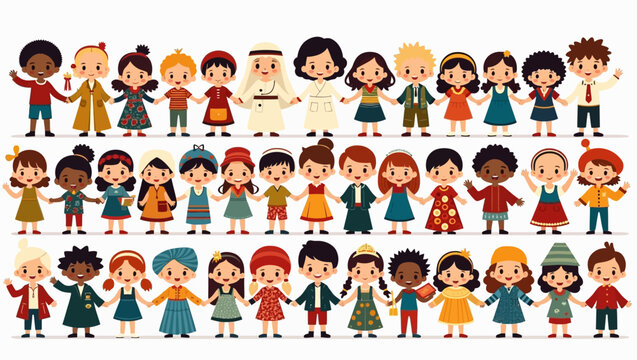 30 smiling cartoonstyle children diverse ethnicities holding hands