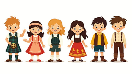 Six cartoon children stand sidebyside wearing traditional European clothing