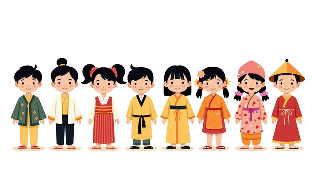 Seven children in diverse traditional Asian attire smiling in a row