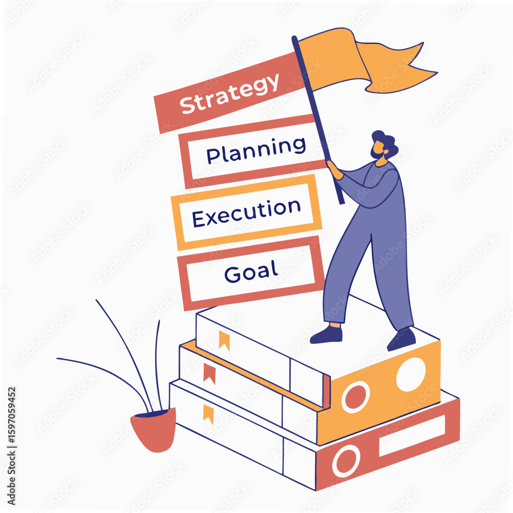 Poster man holding flag atop stacked business planning folders strategy execution