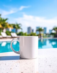 Fototapeta premium White Mug Mockup on Terrazzo Table with City View