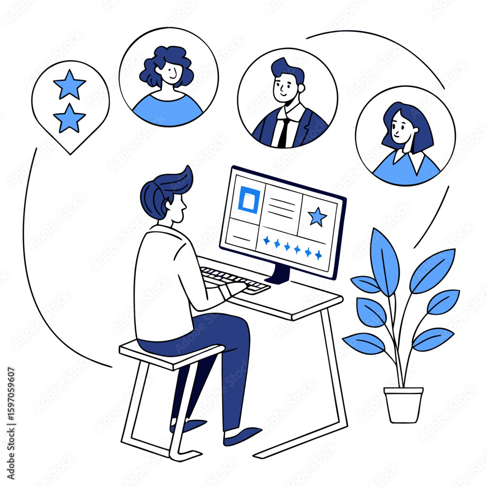 Poster man reviewing candidate profiles on computer business hiring